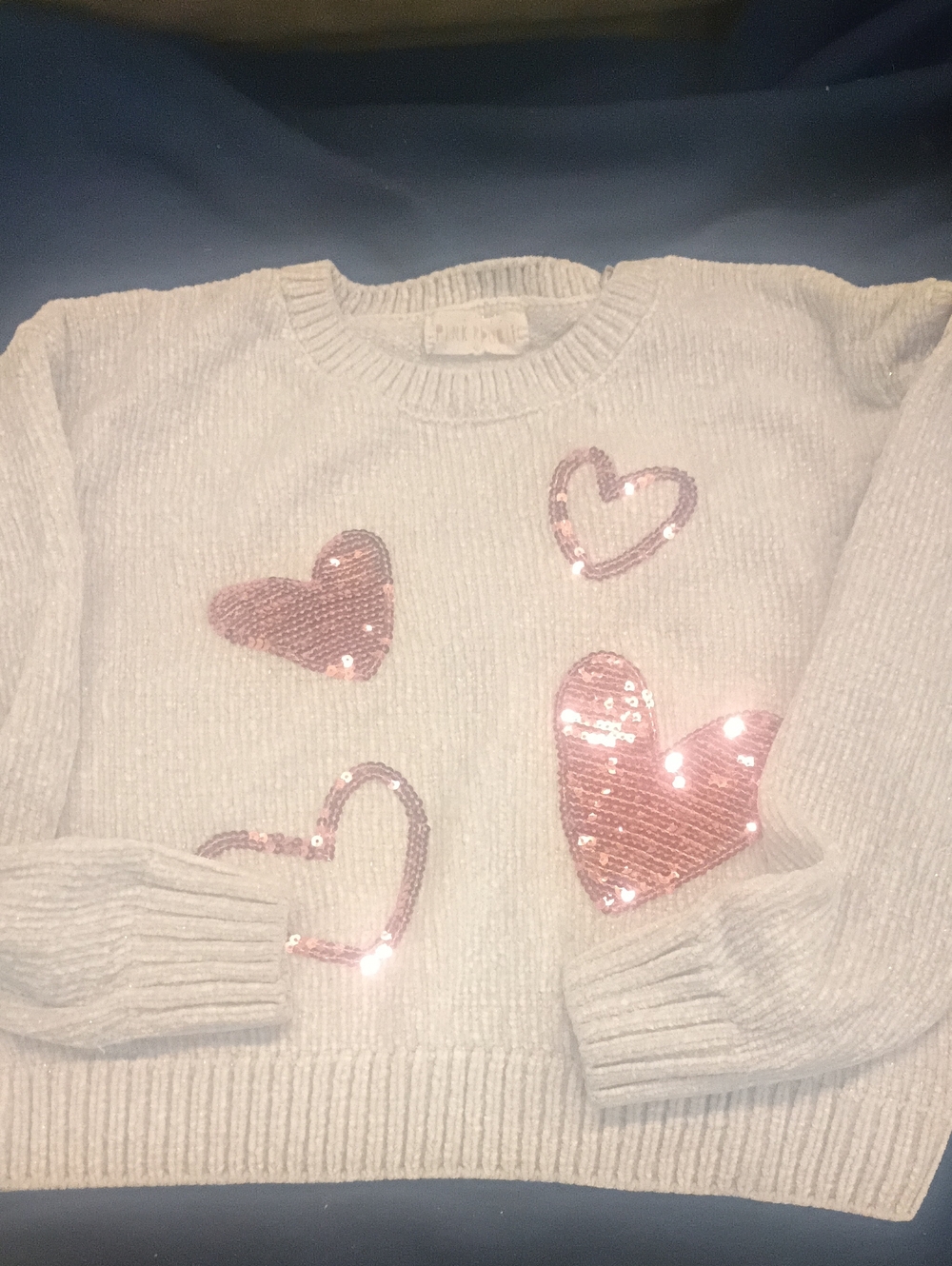 Women's Cream Sweater with Pink Sequin Hearts